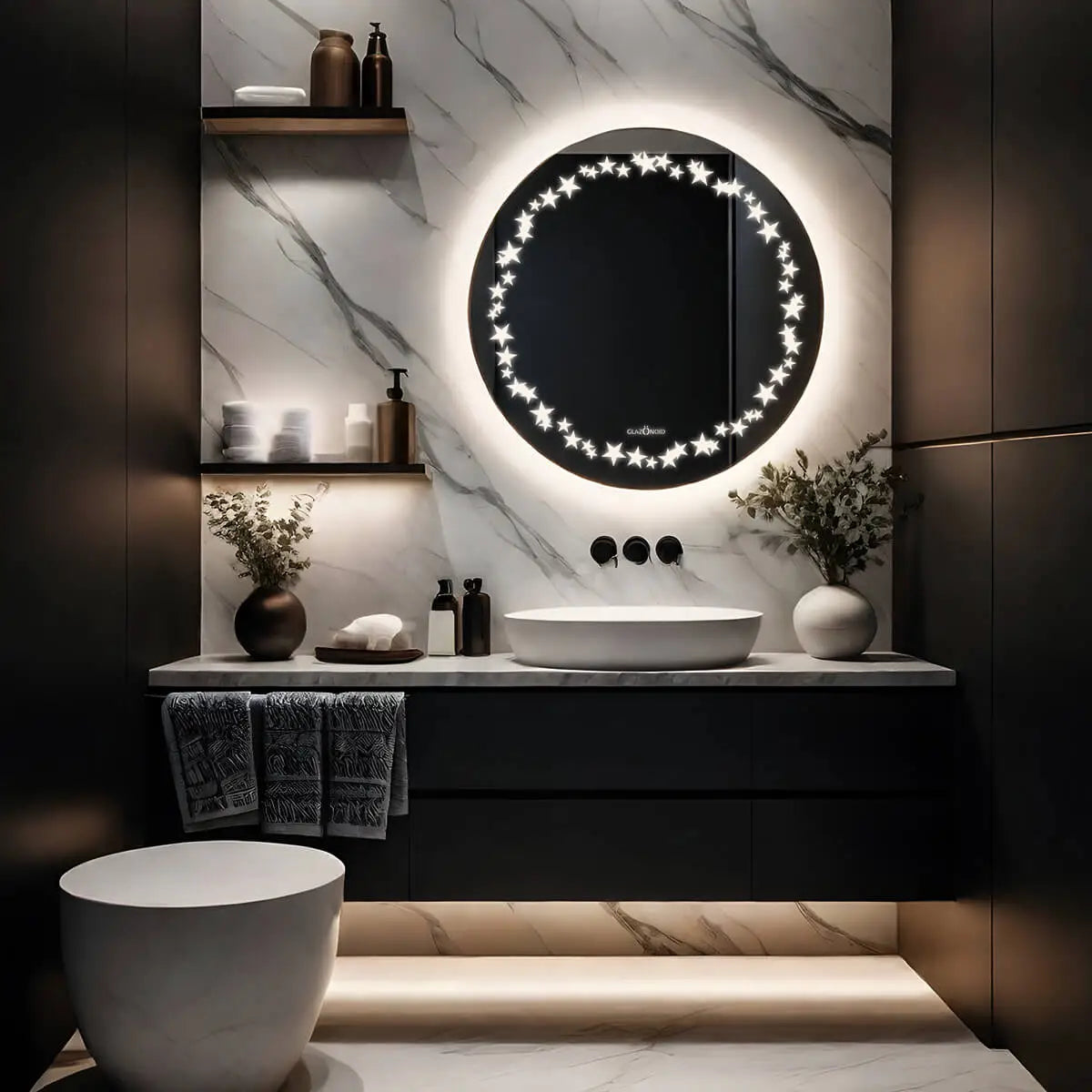 A whimsical bathroom with a round mirror decorated with LED stars in a circle, a white ceramic sink and a toilet. Great for a classic bathroom design.