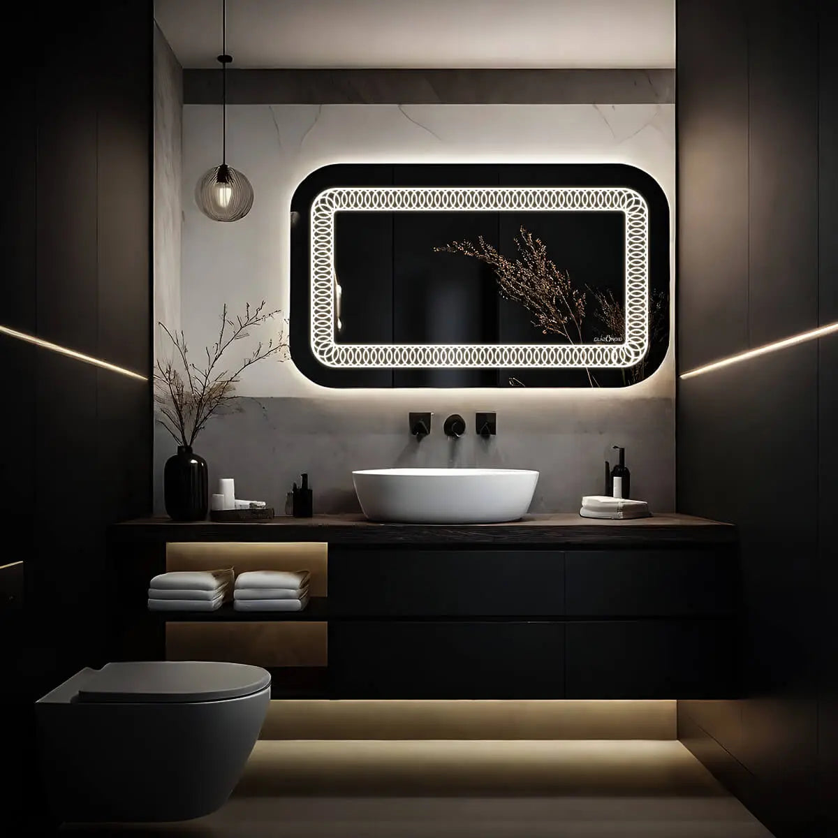 Modern bathroom sink vanity set with a black metal frame, a rectangular mirror with bright white LED light, and a white ceramic sink with a chrome faucet. This modern vanity set is perfect for a quick bathroom refresh. This vanity set provides both style and function for your bathroom.