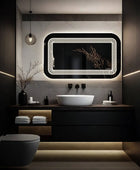 Modern bathroom sink vanity set with a black metal frame, a rectangular mirror with bright white LED light, and a white ceramic sink with a chrome faucet. This modern vanity set is perfect for a quick bathroom refresh. This vanity set provides both style and function for your bathroom.