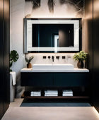 A rectangular bathroom mirror with built-in horizontal LED lights along the sides. The mirror is framed and mounted on a bathroom wall with a faucet and sink below. Text overlaid on the image reads ‘Glazonoid’