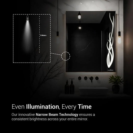 Illuminated rectangular bathroom mirror with Even Illumination Narrow Beam Technology. This technology ensures consistent brightness across the entire mirror's surface. The mirror is mounted above a bathroom sink with a countertop in a modern bathroom.
