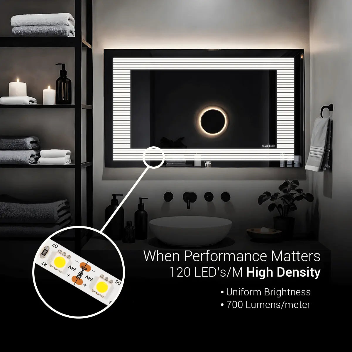 A modern bathroom vanity with a rectangular, white ceramic sink and a large rectangular LED mirror with a brushed black faucet. The LED light is brightest in the segment with a high density of 120 LED's a meter.