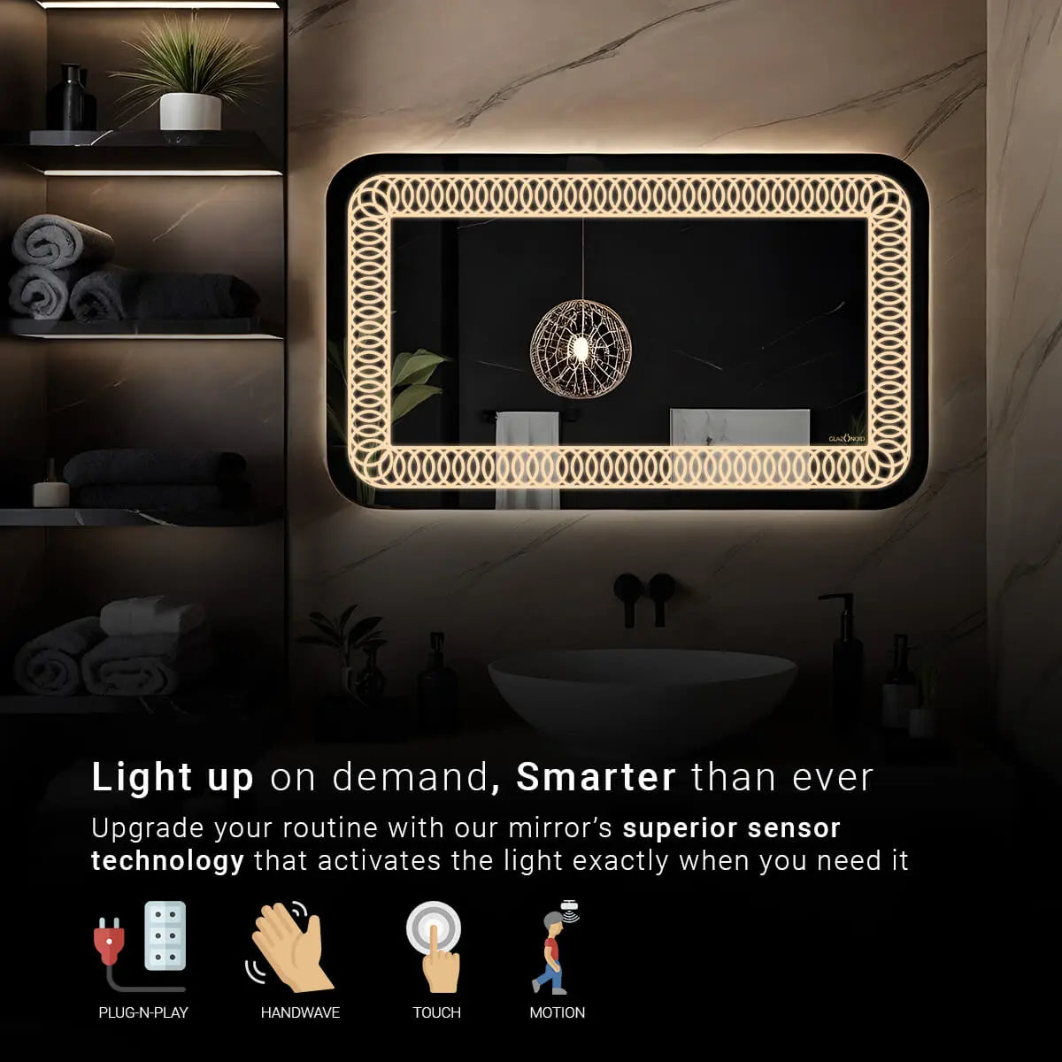 Illuminated bathroom mirror with hi tech sensor technology. Text overlay: "Light up on demand, Smarter than ever. Upgrade your routine with our mirror's superior sensor technology that activates the light exactly when you need it."