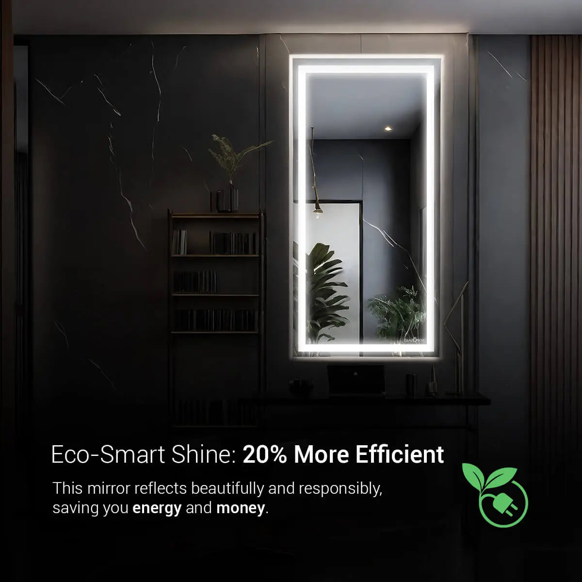 Eco-friendly, full-length LED mirror with a bright white light for clear reflection. This mirror is perfect for a bathroom or bedroom, and it will help you save energy and money. The mirror has a bright light that is perfect for applying makeup or shaving.
