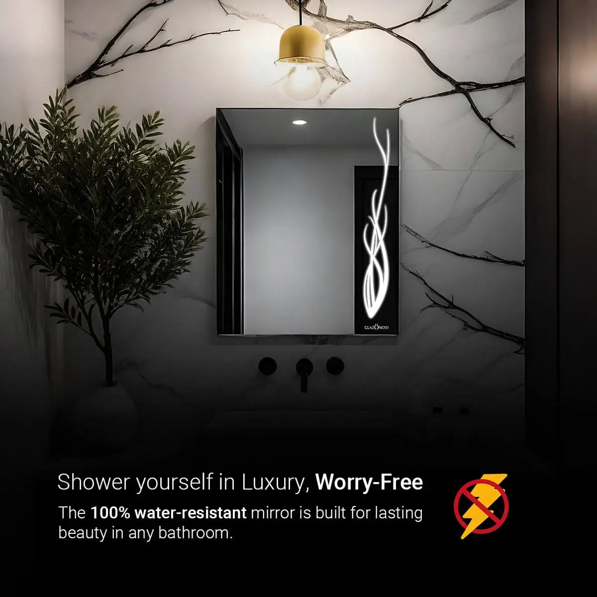 Modern bathroom LED mirror with a potted plant on a shelf. The mirror has a very bright white LED light. The text overlay describes that the mirror is shock proof and waterproof. 