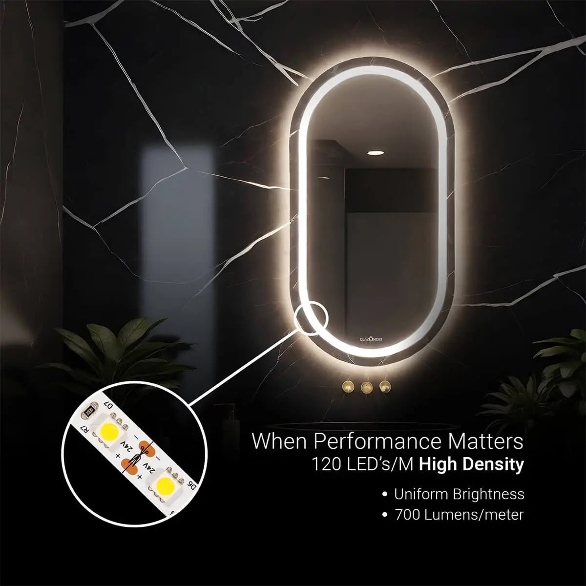 A wall-mounted, oval-shaped bathroom mirror with a LED border. The mirror has an LED light strip with adjustable color temperature behind it. The text "When Performance Matters" written below the mirror. Below that are specifications about the LED lights, including "120 LEDs/M High Density" and "700 Lumens/meter.