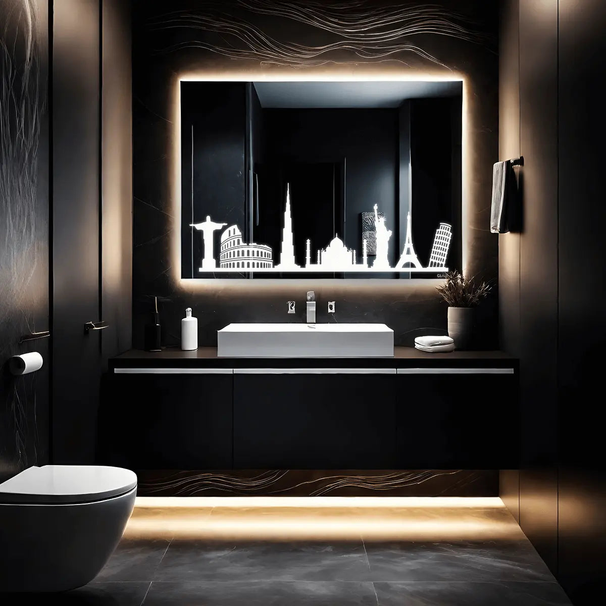 A bathroom vanity with a large rectangular LED mirror mounted on the wall. Behind the mirror is a black and white silhouette of a city skyline. A single sink with a chrome faucet sits below the mirror.