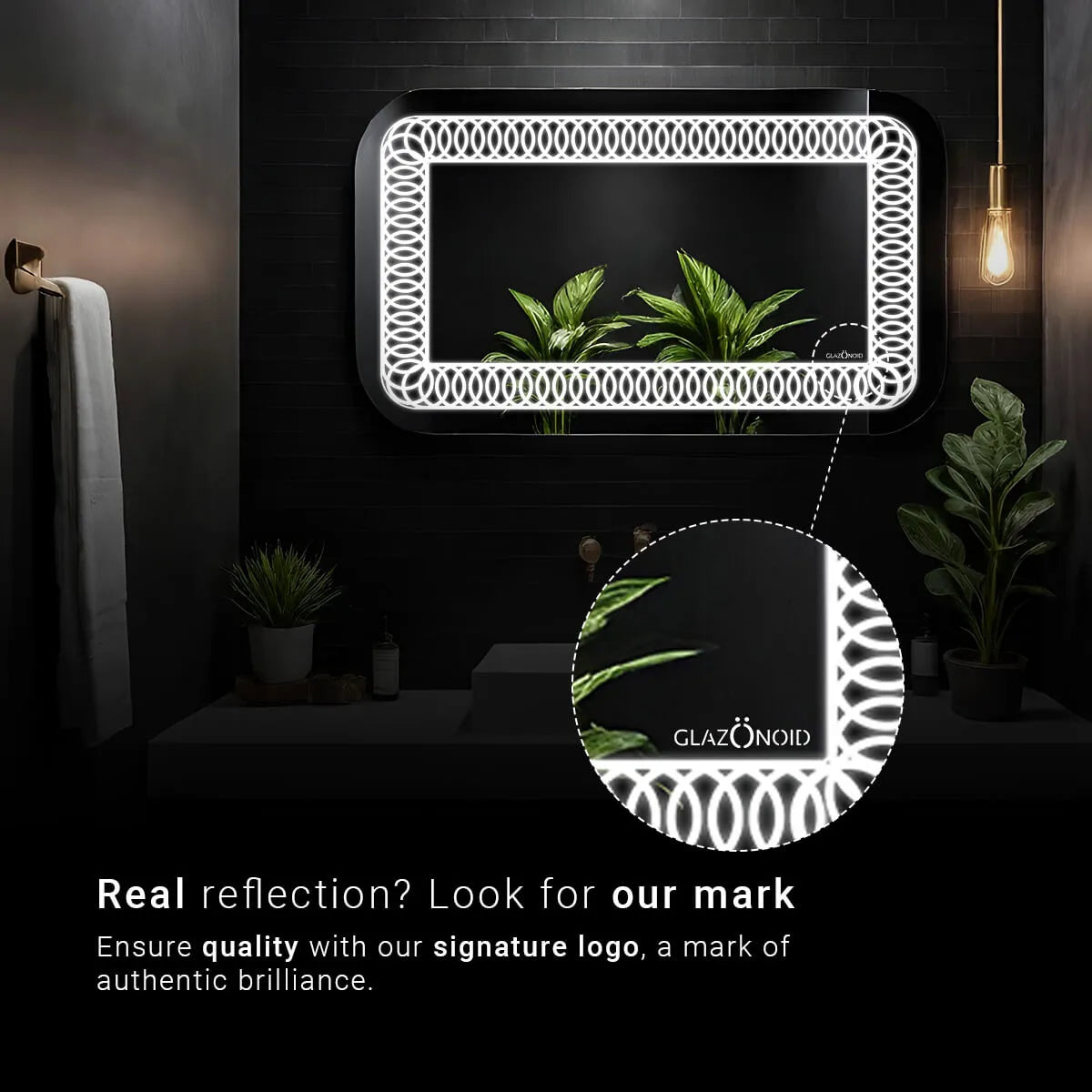 Rectangular bathroom LED mirror with a green plant on a built-in shelf, adding a touch of nature to your bathroom.  Text in the image says "Glazonoid: Real reflection? Look for our mark. Ensure quality with our signature logo, a mark of authentic brilliance."