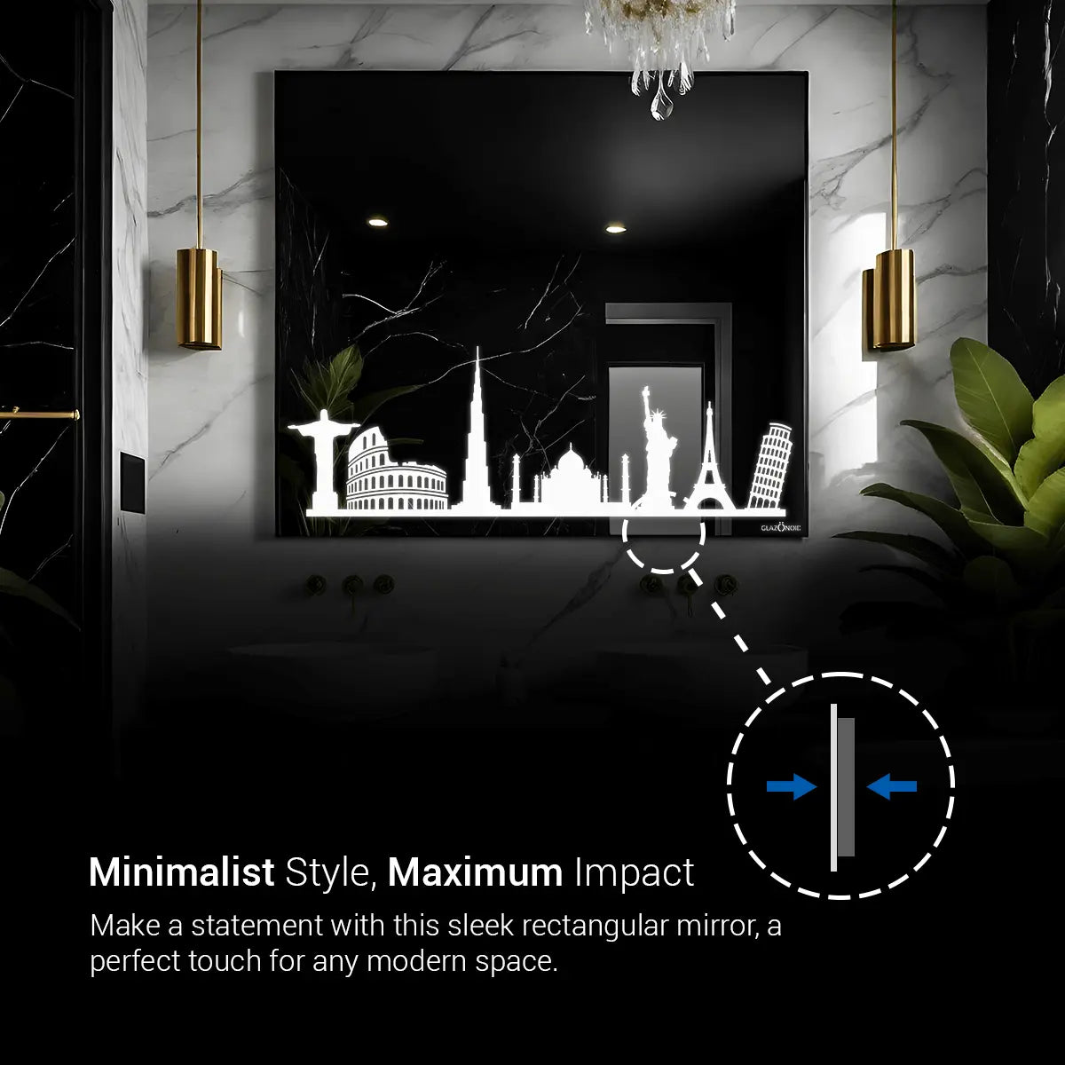 A sleek, rectangular bathroom LED mirror with a modern design. The mirror features a black silhouette of a city skyline etched onto the bottom portion. This mirror would be a perfect touch for any modern bathroom.