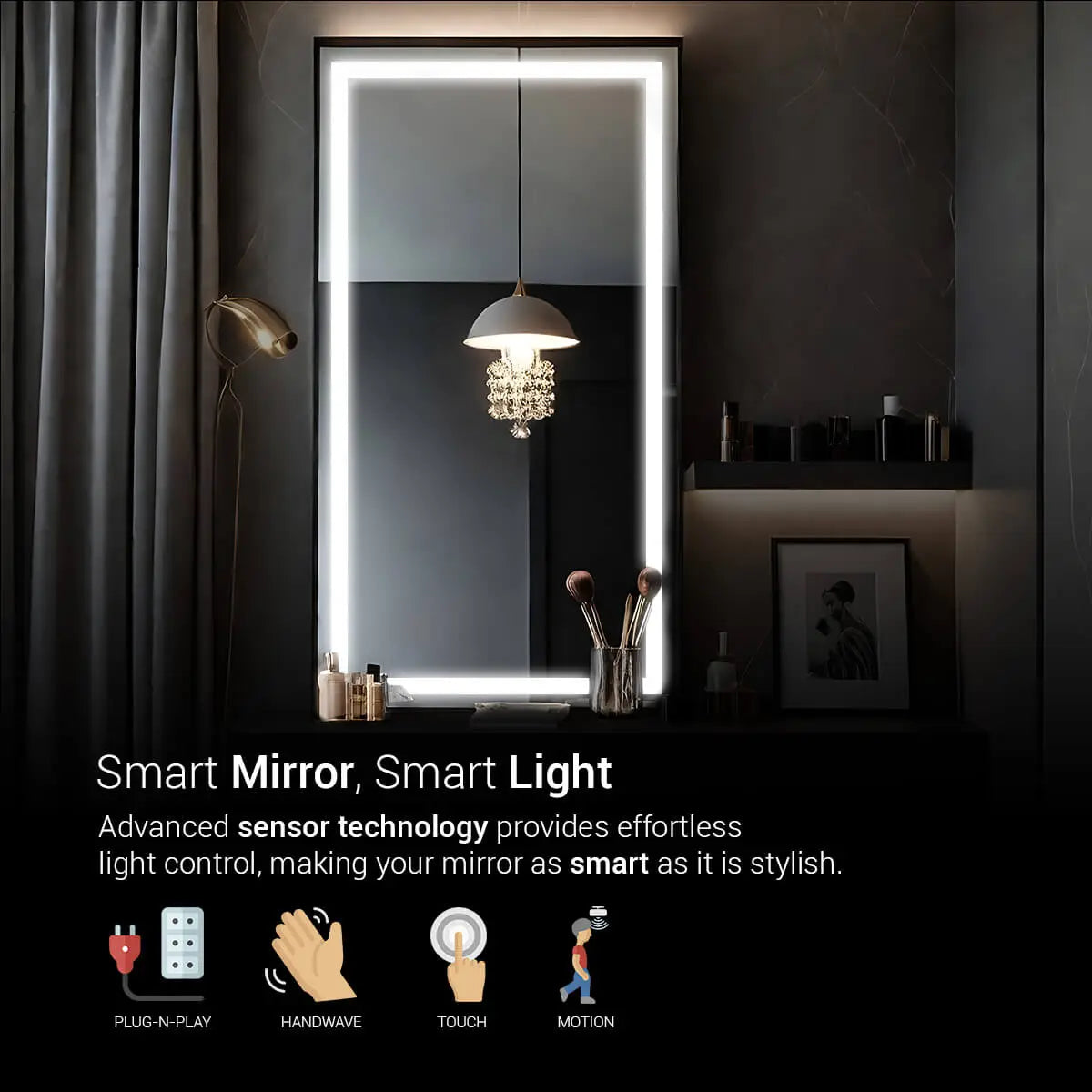Modern Wall-mounted, rectangular smart mirror with a frameless design and adjustable LED light. This mirror is perfect for any bathroom or bedroom and provides a bright, clear reflection with customizable lighting options, the light can be controlled with touch, handwave, or motion sensor technology.