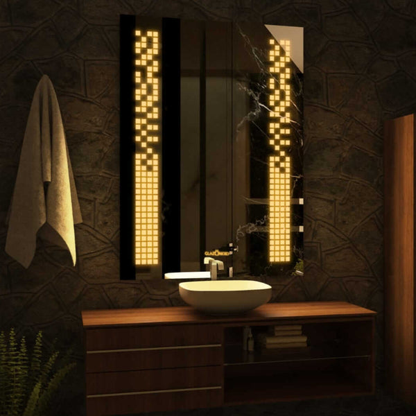 Vertical Mirror with warm white LED lights in dark bathroom