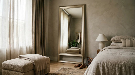 Full-length mirror leaning in a sunlit Indian bedroom beside a bed and upholstered stool