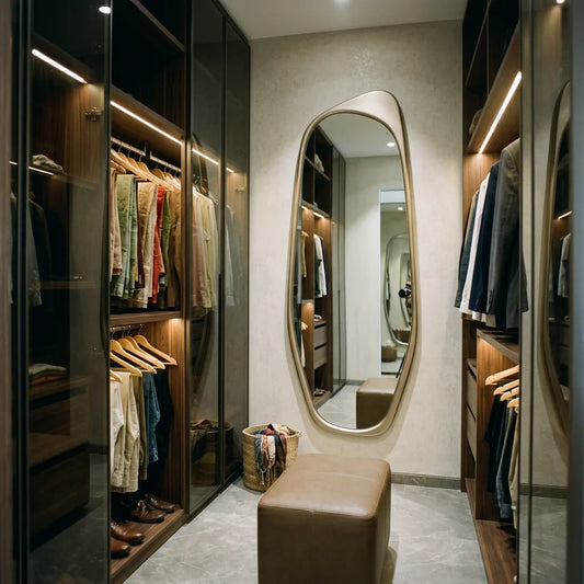 Tall full-length mirror mounted flat against the end wall of a walk-in wardrobe