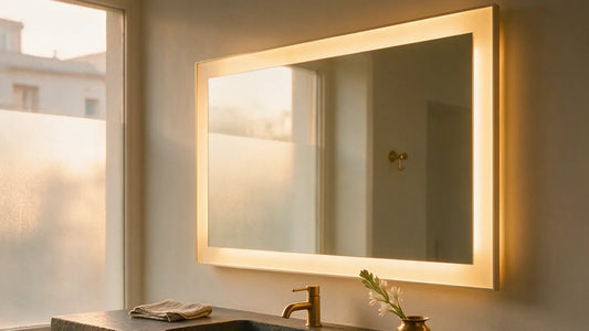 Wide backlit LED bathroom mirror above a dark stone vanity in an Indian bathroom at dawn
