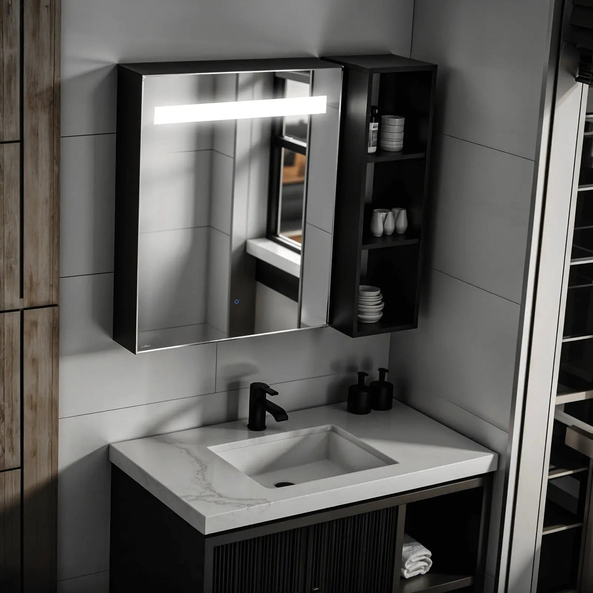 Single Door Mirror Cabinet | Matt Black | Bluetooth