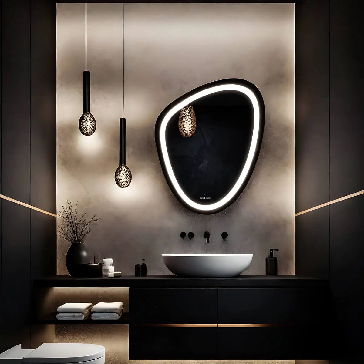 A bathroom LED mirror with a built-in digital clock icon. The time on the clock displays 11:59 PM. The LED mirror is placed on a textured wall, over a white ceramic sink and black marble vanity.