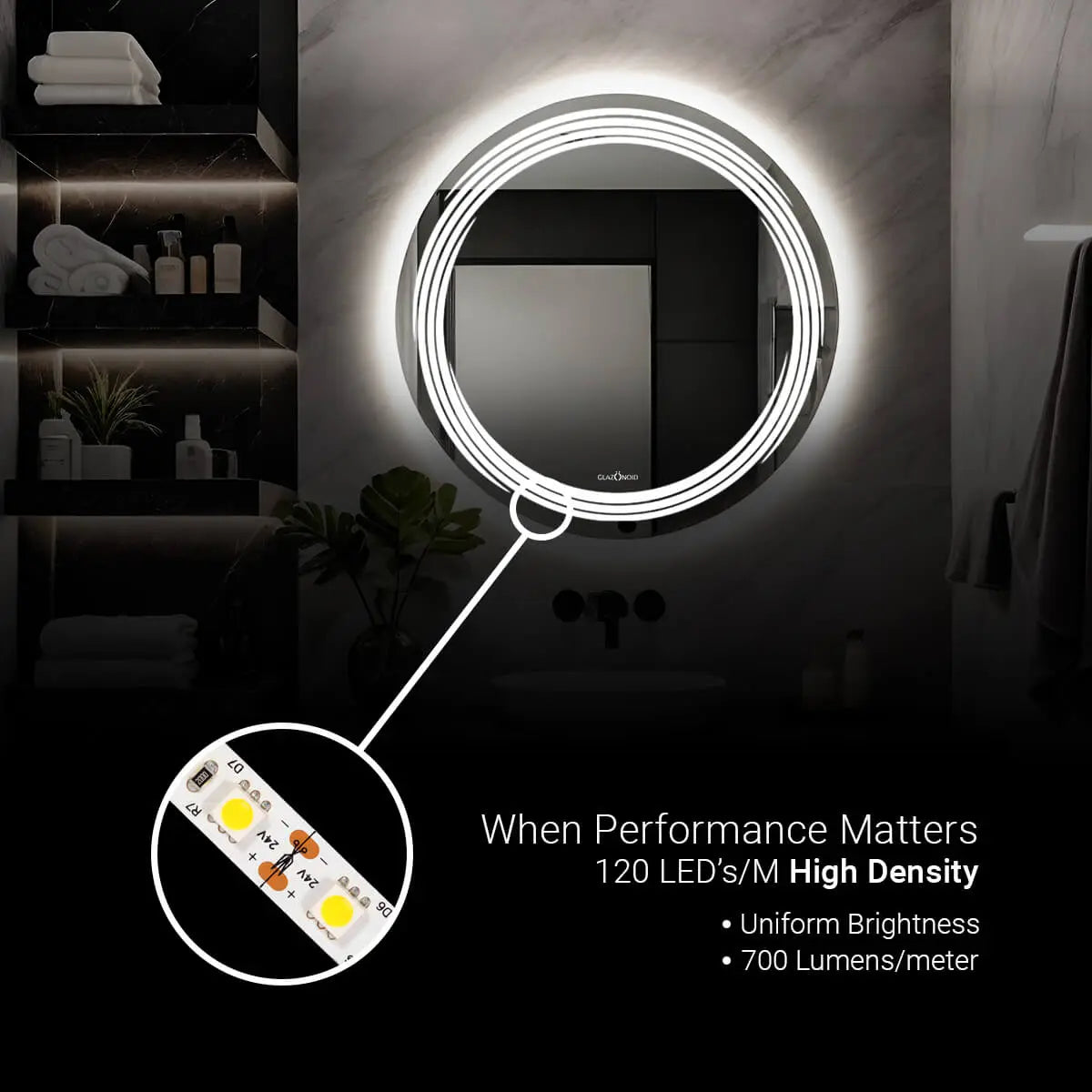 Round, illuminated bathroom mirror with a built-in bright white LED light. This mirror is perfect for shaving, applying makeup, or styling your hair. Text overlay says "When Performance Matters. 120 LEDs/M High Density. Uniform Brightness. 700 Lumens/meter."