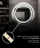 Round, illuminated bathroom mirror with a built-in bright white LED light. This mirror is perfect for shaving, applying makeup, or styling your hair. Text overlay says 