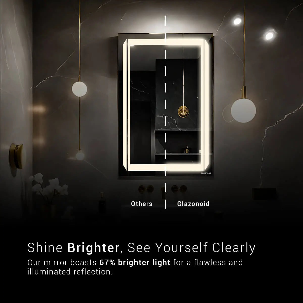 Modern rectangular mirror with built-in LED lighting that provides 67% brighter illumination for a flawless reflection. Text overlay says 'Shine brighter, see yourself clearly. Our mirror boasts 67% brighter light for a flawless and illuminated reflection. This mirror is ideal for applying makeup or shaving. This versatile mirror is perfect for a variety of tasks.