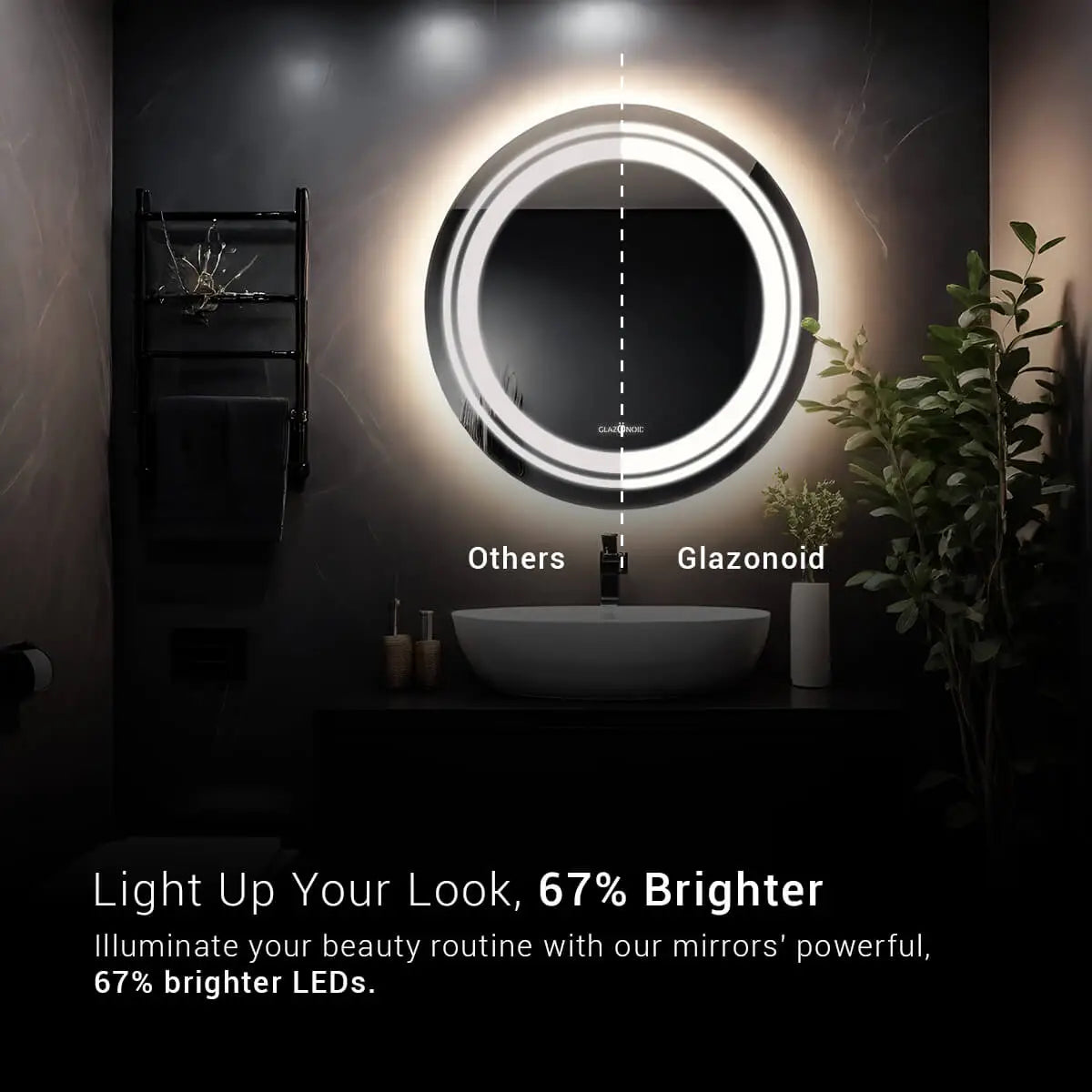 A round mirror with a built-in light ring is mounted on the wall above a bathroom sink. The text overlay reads "Light Up Your Look, 67% Brighter. Illuminate your beauty routine with our mirrors' powerful, 67% brighter LEDs."  This type of mirror is sometimes called a vanity mirror or a lighted bathroom mirror.