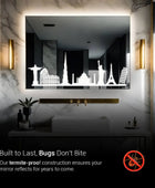 A rectangular bathroom mirror with a black silhouette of a city skyline etched onto the bottom corner. Text overlaid on the mirror reads: 