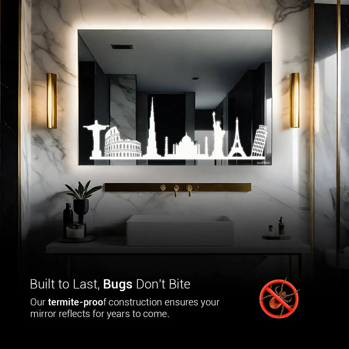 A rectangular bathroom mirror with a black silhouette of a city skyline etched onto the bottom corner. Text overlaid on the mirror reads: "Built to Last, Bugs Don't Bite. Our termite-proof construction ensures your mirror reflects for years to come