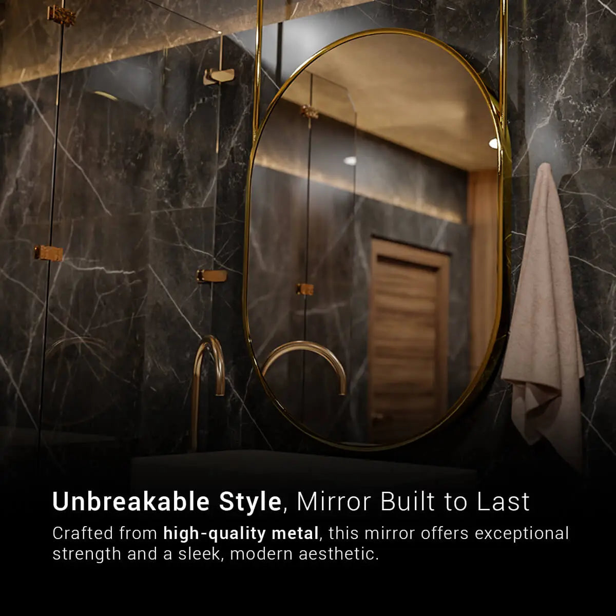A bathroom vanity set with a gold-framed mirror. The mirror is mounted on the wall using the pipes that hold on to the roof, above a white ceramic sink with a polished chrome faucet. There is a white towel hanging from a rack on the right side of the image.