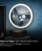 Wall-mounted, round LED bathroom mirror with a thin, chrome frame and adjustable white light. This mirror features a touch button to control the light. Text overlay says 