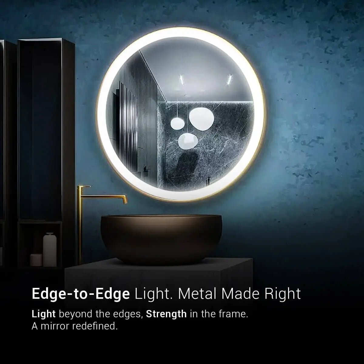 Wall-mounted, round LED bathroom mirror with a thin, chrome frame and adjustable white light. This mirror features a touch button to control the light. Text overlay says "Illume your bathroom in style. This mirror features a adjustable light for a perfect reflection every time."