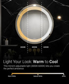 Wall-mounted, round bathroom mirror with a brushed metal frame. This mirror is perfect for any bathroom and provides a clear reflection. It depicts about the different temperatures of light that it can be switched to.