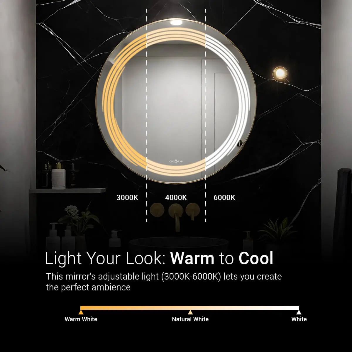 Wall-mounted, round bathroom mirror with a brushed metal frame. This mirror is perfect for any bathroom and provides a clear reflection. It depicts about the different temperatures of light that it can be switched to.