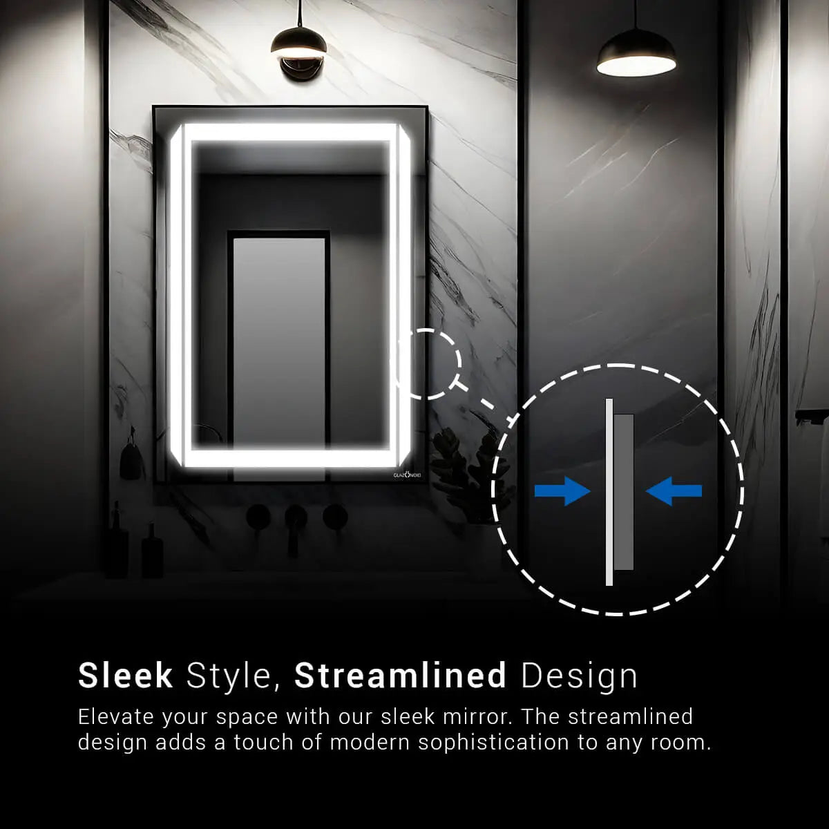 Modern and sleek bathroom mirror with a frameless design. Text overlay says "Elevate your space with our sleek mirror. The streamlined design adds a touch of modern sophistication to any room." This frameless mirror is a perfect choice for a contemporary bathroom. This space-saving mirror is a great way to add style and functionality to your bathroom.
