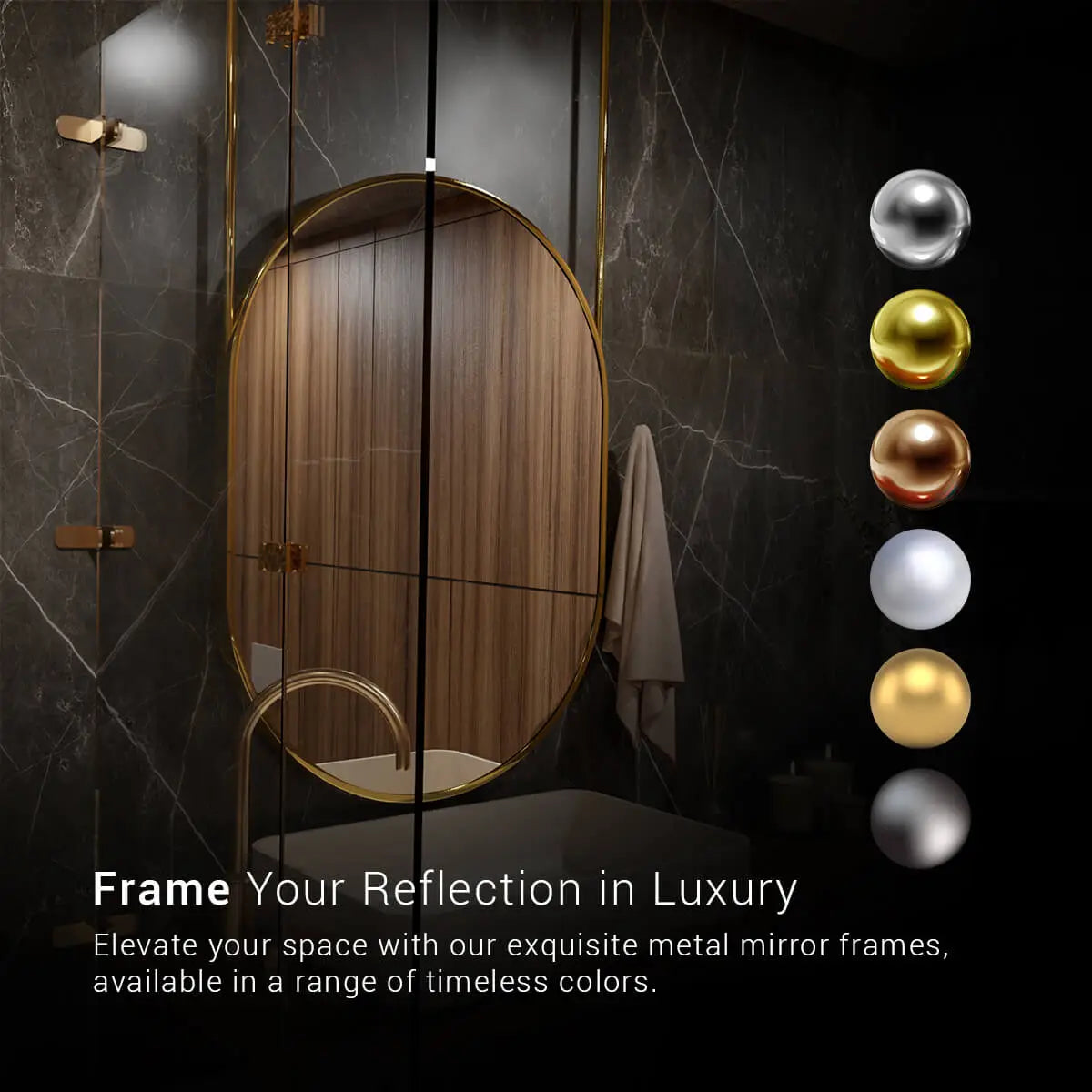 A luxury bathroom vanity set featuring a gold framed mirror and a matching gold framed medicine cabinet with a mirrored door. The mirror is mounted on the wall above a dark gray quartz countertop with a modern faucet in a brushed nickel finish. Several colors of metal are being displayed for the finish of the metal.