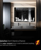 A rectangular bathroom mirror with a picture of a city skyline printed on it. The text 