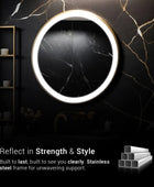 Modern gold stainless steel framed round LED mirror with a built-in bright white LED light. This mirror is perfect for shaving, applying makeup, or styling your hair. Text overlay says 