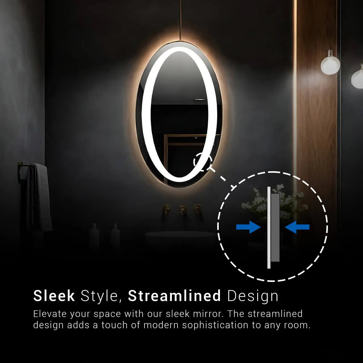 A modern, oval bathroom LED mirror with a frameless design and sleek corners. The mirror has a polished finish and uses LED lighting to illuminate the user’s reflection. Text overlay emphasize on the sleek design of the mirror.