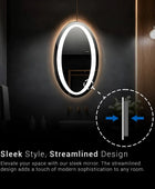 A modern, oval bathroom LED mirror with a frameless design and sleek corners. The mirror has a polished finish and uses LED lighting to illuminate the user’s reflection. Text overlay emphasize on the sleek design of the mirror.