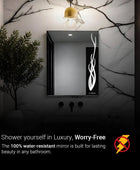 Modern bathroom LED mirror with a potted plant on a shelf. The mirror has a very bright white LED light. The text overlay describes that the mirror is shock proof and waterproof. 