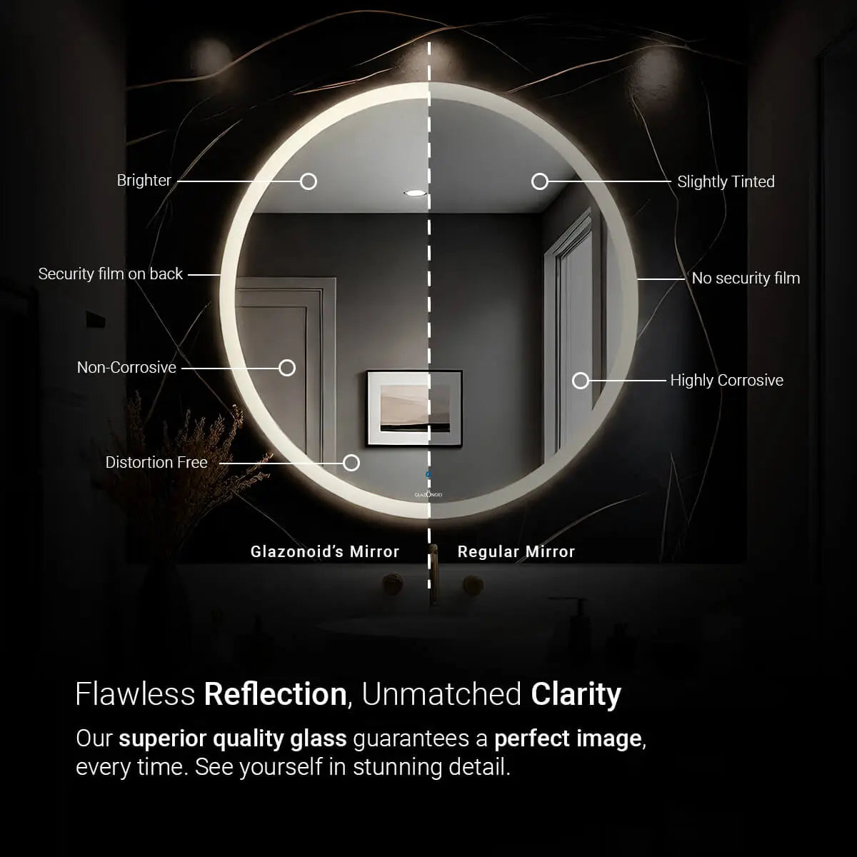 Wall-mounted, circular bathroom mirror with a safety film backing. This mirror is made from high-quality glass and offers a distortion-free and crystal-clear reflection.