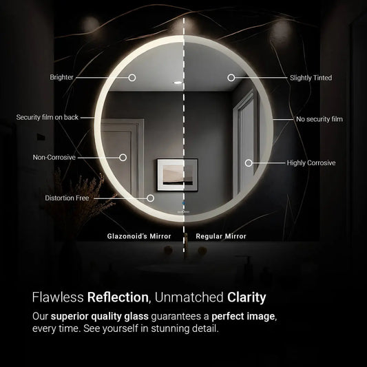 Wall-mounted, circular bathroom mirror with a safety film backing. This mirror is made from high-quality glass and offers a distortion-free and crystal-clear reflection.