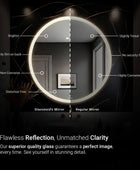 Wall-mounted, circular bathroom mirror with a safety film backing. This mirror is made from high-quality glass and offers a distortion-free and crystal-clear reflection.