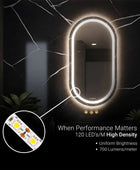 A wall-mounted, oval-shaped bathroom mirror with a LED border. The mirror has an LED light strip with adjustable color temperature behind it. The text 