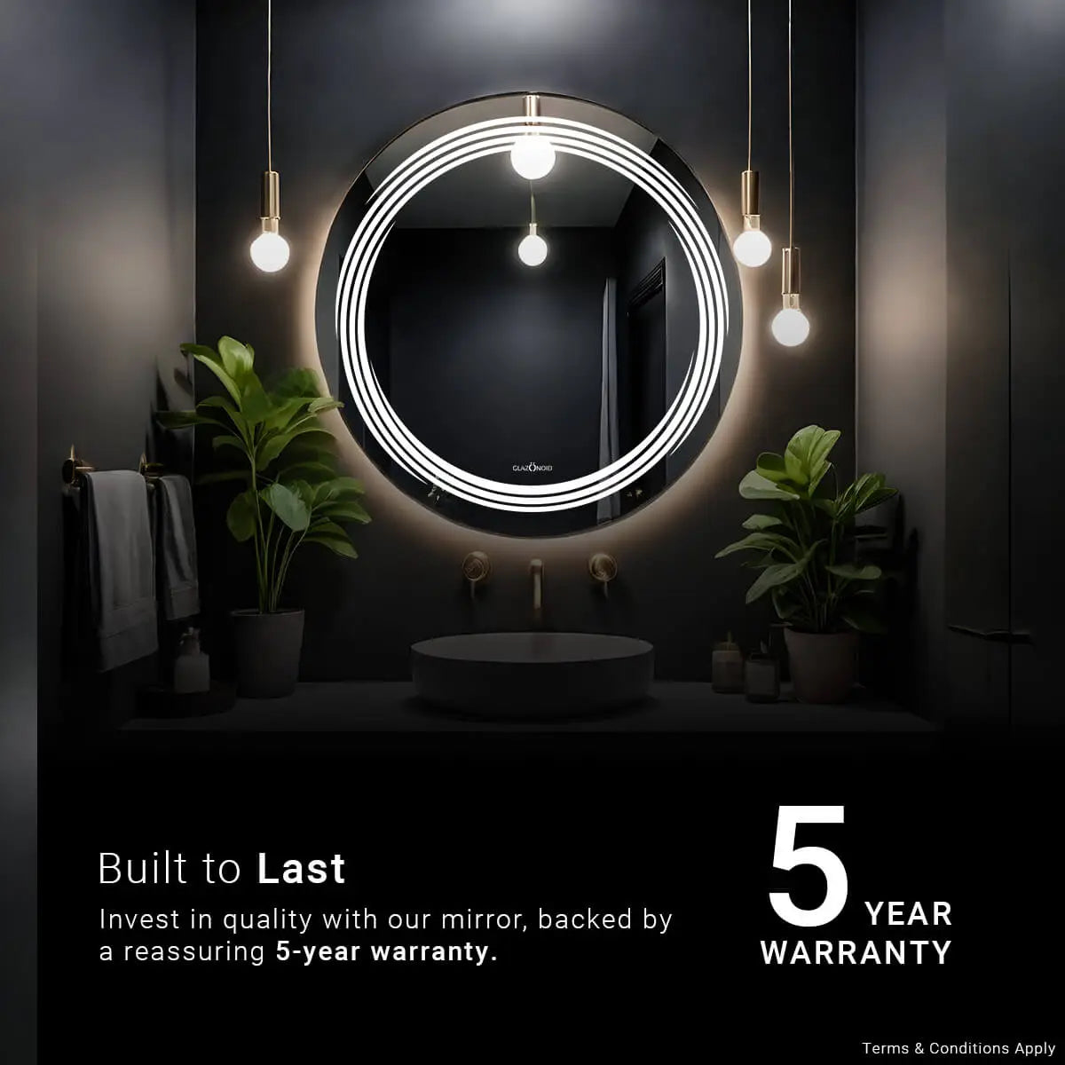 A close-up of a wall-mounted bathroom mirror with a built-in LED light strip. The mirror frameless and has a classic design. Text overlay reads "Glazonoid 5 Year Warranty". Glazonoid, the manufacturer, provides a 5-year warranty for this product.