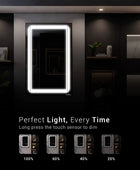 Modern bathroom LED mirror with a touch sensor and a built-in dimmable LED light with adjustable brightness levels. Text overlay says 