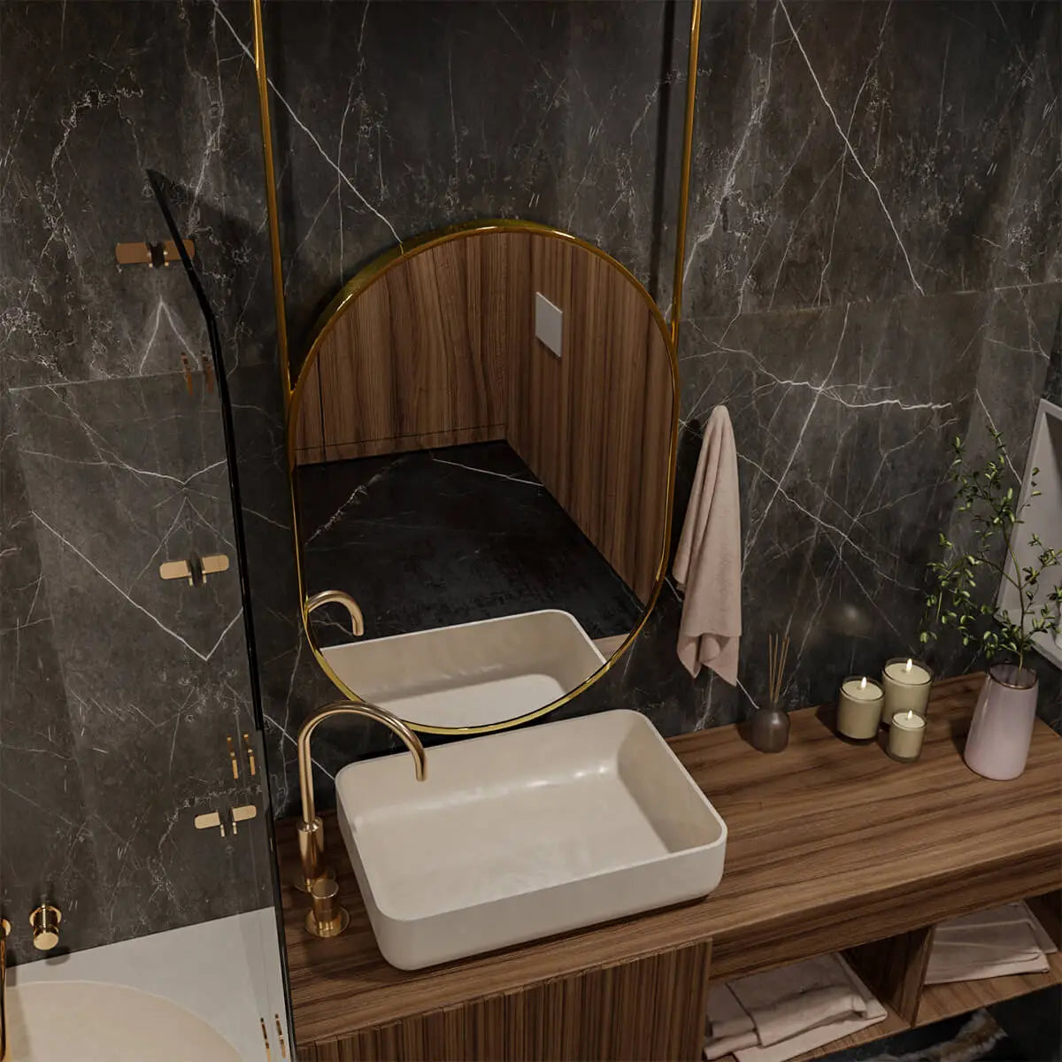 A bathroom shelf with a black metal frame featuring two glass jars with bamboo lids filled with cotton balls and cotton swabs. A white ceramic soap dispenser with a matte black pump sits next to the jars. In the background is a metal framed mirror with a gold finish.