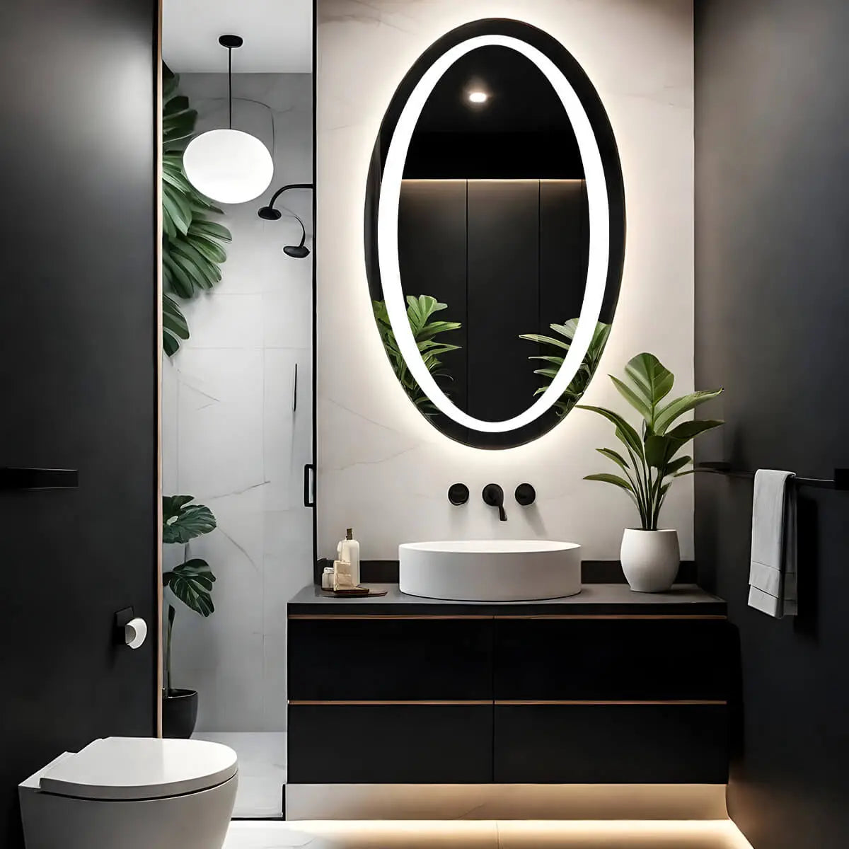 A simple bathroom featuring a rectangular white ceramic sink with a chrome faucet, a white toilet and a oval LED mirror with a frameless design mounted on the wall above the sink.