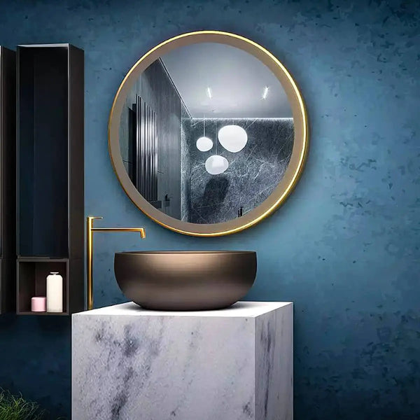 Bathroom vanity set with a round mirror with a brushed metal frame and a white ceramic sink with a chrome faucet. Text overlay says 'Upgrade your bathroom with our all-in-one vanity set. The mirror completes the sleek and stylish design.' This modern vanity set is perfect for a quick bathroom refresh.