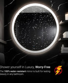Modern, Round waterproof LED bathroom mirror with a touch sensor and a bright light. This mirror is perfect for applying makeup, shaving, or styling your hair. This mirror is waterproof and provides clear, bright illumination for your bathroom routine. Text overlay says 