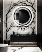 Simple and elegant bathroom design with a white ceramic pedestal sink, toilet, and round LED mirror with a frameless design. Branches are mounted on the wall for a natural touch. This complete bathroom set is perfect for a quick bathroom refresh.