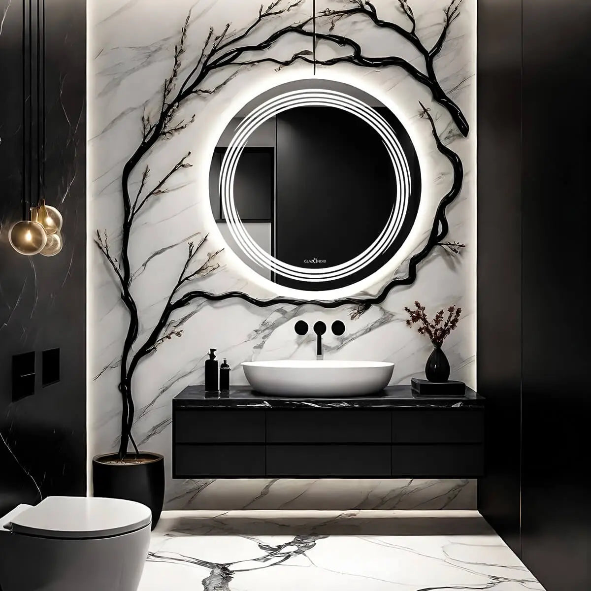 Simple and elegant bathroom design with a white ceramic pedestal sink, toilet, and round LED mirror with a frameless design. Branches are mounted on the wall for a natural touch. This complete bathroom set is perfect for a quick bathroom refresh.